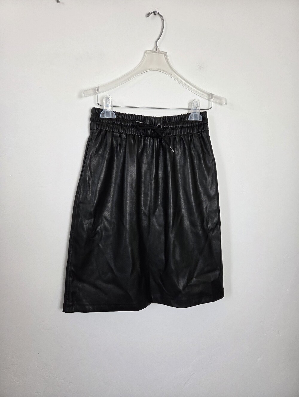 Downeast Black Faux Leather Skirt Midi Drawstring Waist Chic Moto Office Small